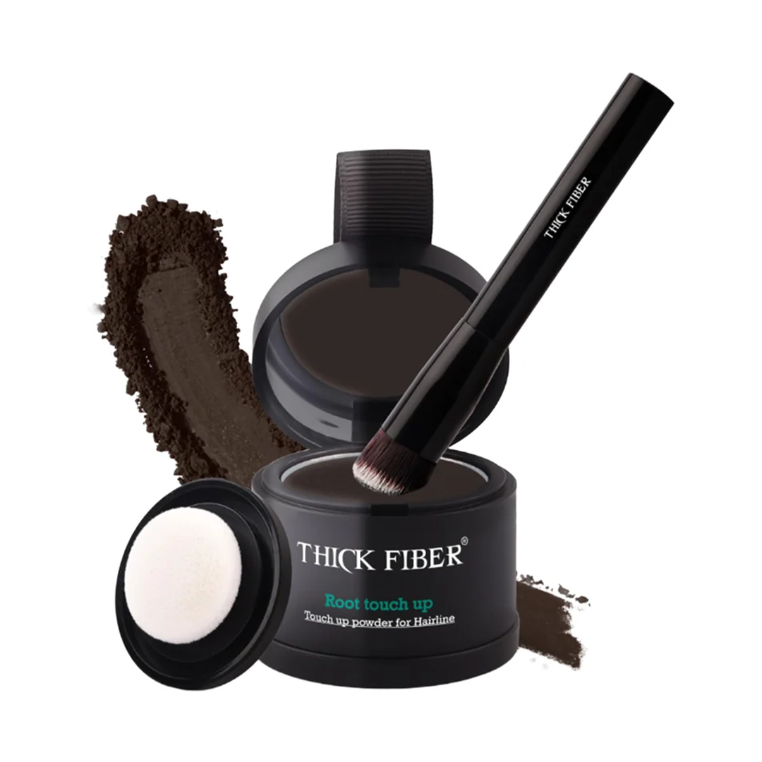 THICK FIBER Root Touch Up & Hairline Powder for Grey Root Coverage & Thin Hair Water & Sweat Resistant with Precise Brush Hair Loss Concealer for Roots, Bald Spots & Fill-In (Dark Brown)