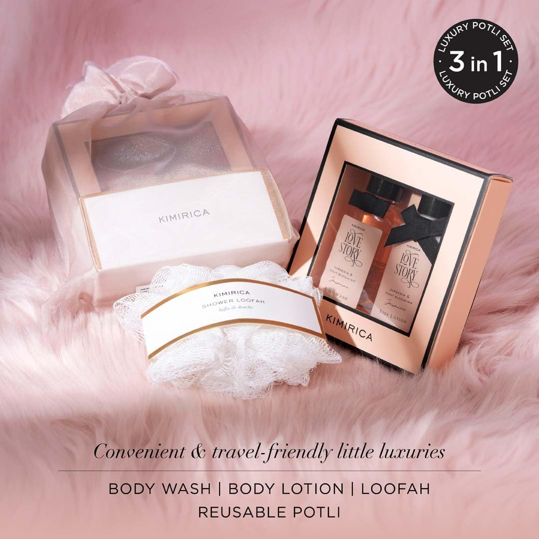 Kimirica "Nothing But Love" Duo Potli gift set | Fragrance of Gardenia and Night Blooming Jasmine | Contains Shower gel, Body Lotion, Loofah and Resuable Potli (50 ml each)