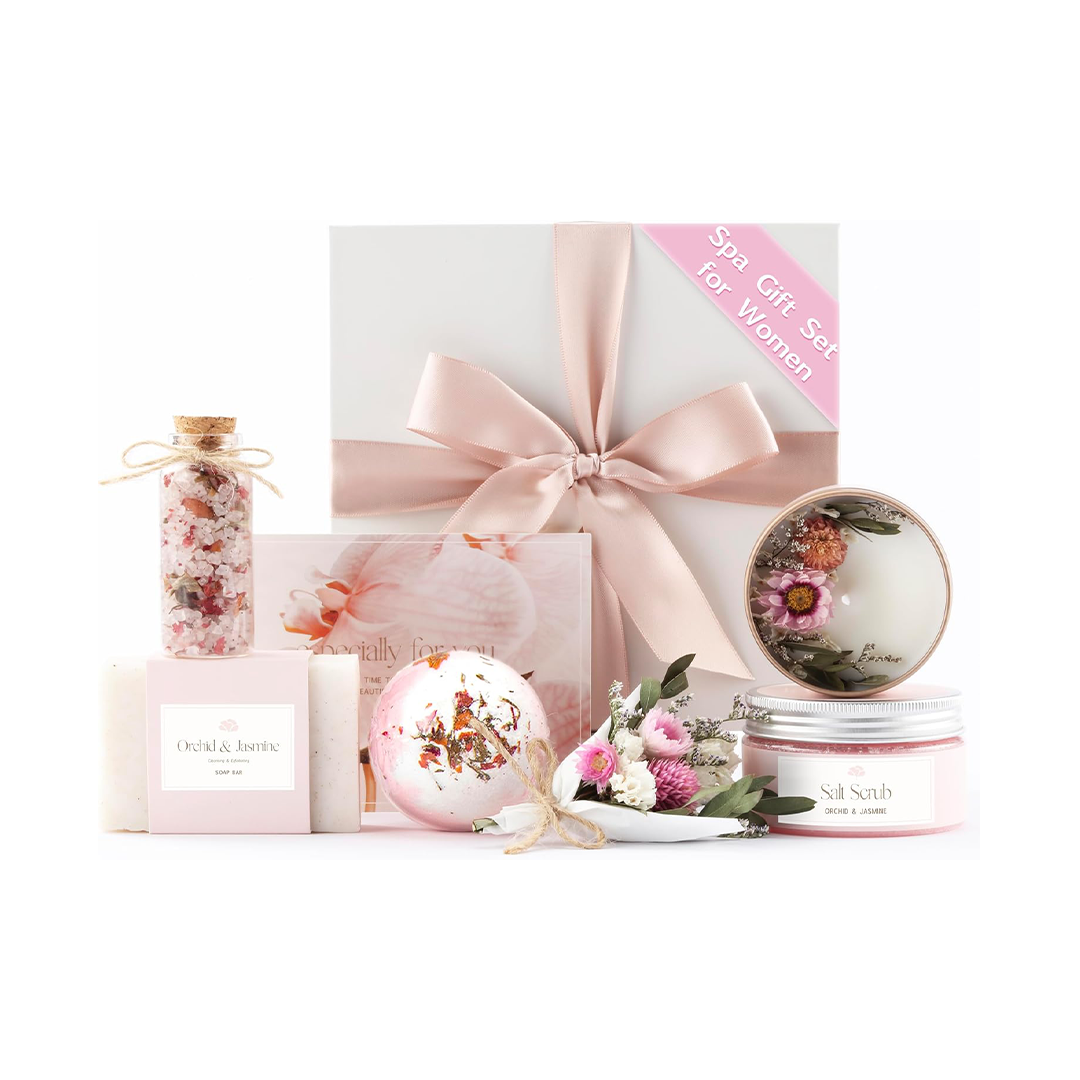 Spa Gift Box for Women Orchid & Jasmine Scent Luxury Self-Care Gift for Birthday, Christmas, Eid or Ramadan & Birthday Gift for Women Small Spa Basket for Mom, Sister, Friend