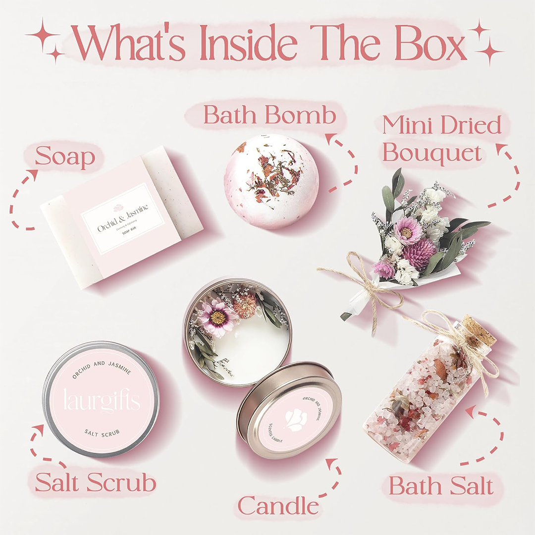 Spa Gift Box for Women Orchid & Jasmine Scent Luxury Self-Care Gift for Birthday, Christmas, Eid or Ramadan & Birthday Gift for Women Small Spa Basket for Mom, Sister, Friend