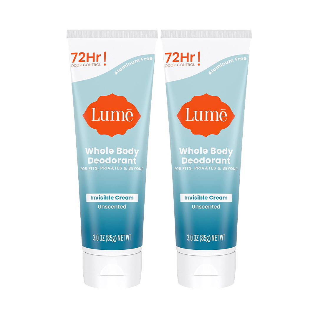 Lume Whole Body Deodorant Cream 72H Odor Control, Unscented, Pack of 2