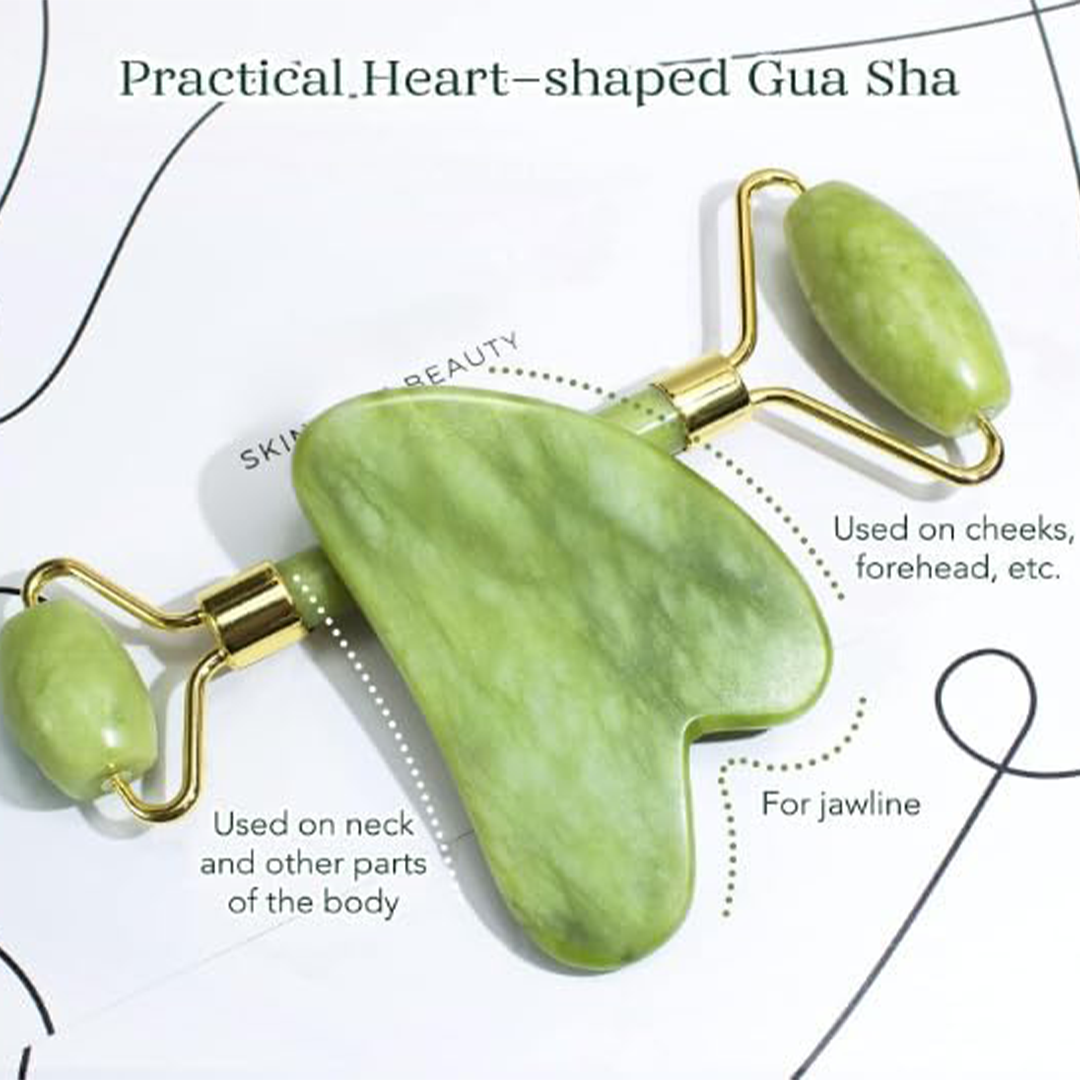 Jade Roller and Gua Sha Set 100% Natural Rose Quartz Facial Tools for Skin Care Anti Aging Wrinkles and Puffiness Reduction