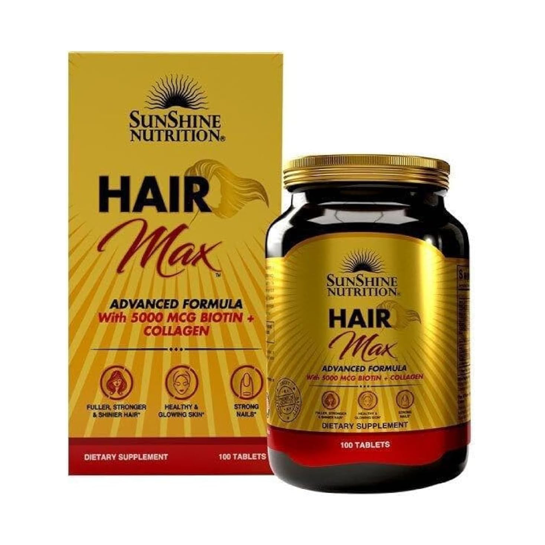 Sunshine Nutrition Hair Max Advanced Formula Biotin 5000mcg + Collagen Hair, Skin & Nails Supplement, 100 Tablets
