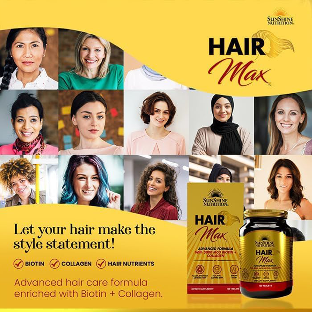 Sunshine Nutrition Hair Max Advanced Formula Biotin 5000mcg + Collagen Hair, Skin & Nails Supplement, 100 Tablets