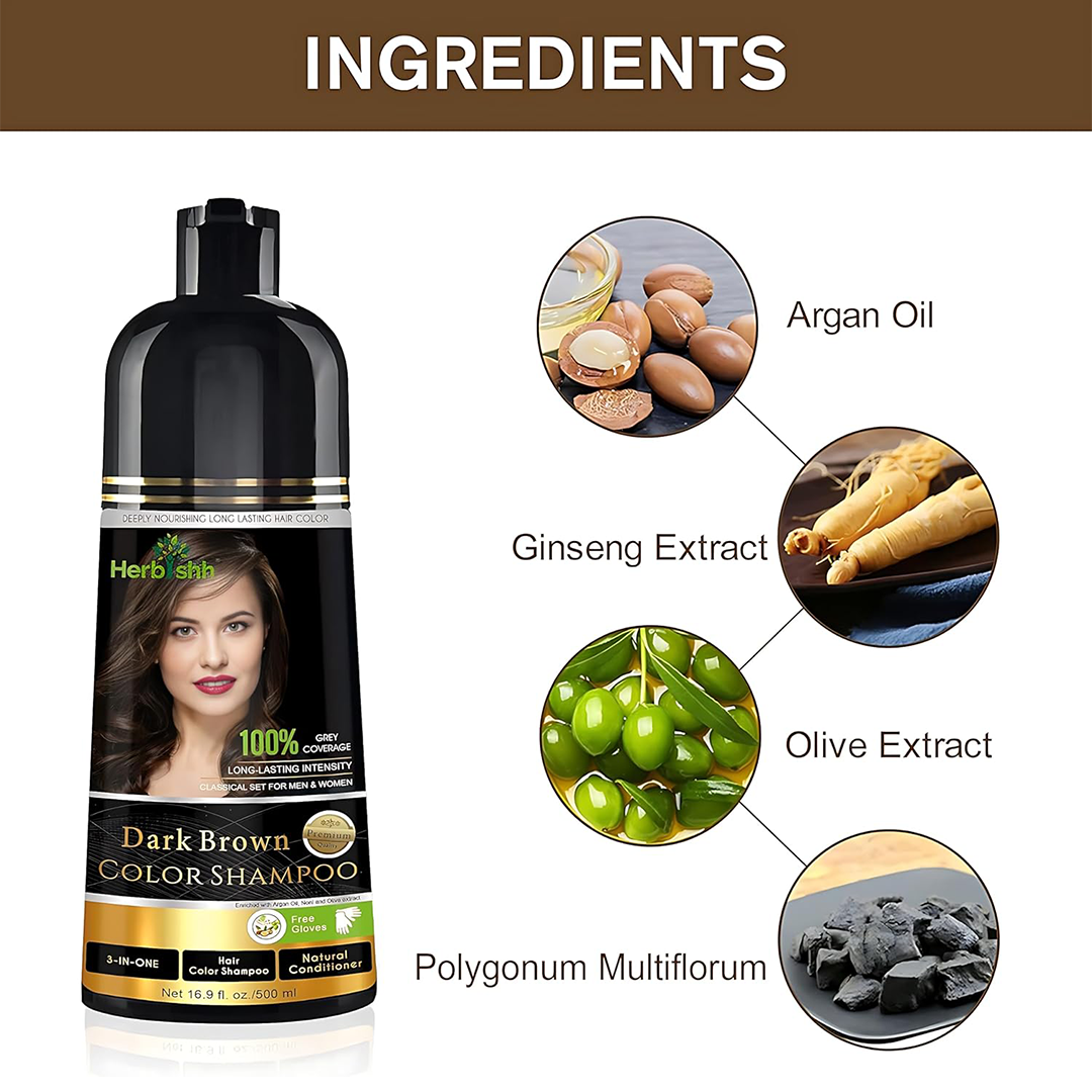 Herbishh Dark Brown Hair Color Shampoo 500ml 3 In 1 Ammonia Free Magic Hair Dye Shampoo for Gray Hair Coverage