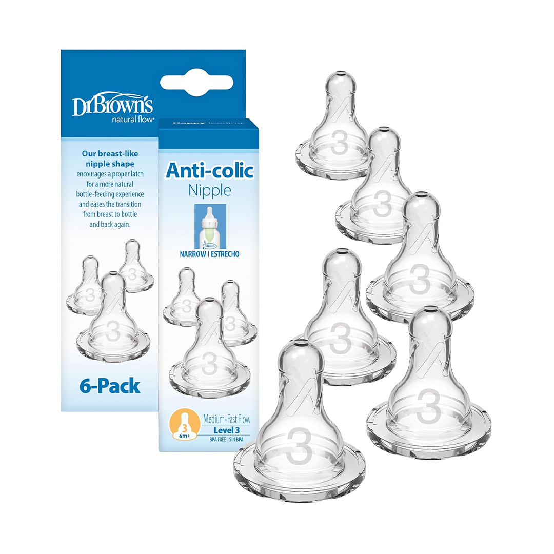 Dr Browns Narrow Level 3 Anti Colic Nipples Medium Fast Flow 6 Months Plus Pack of 6