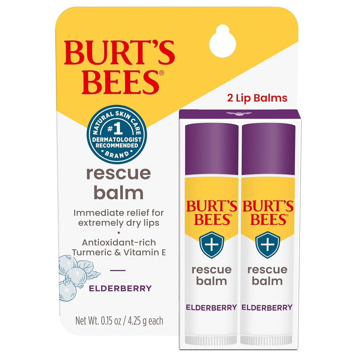 Burts Bees Rescue Balm Elderberry Lip Balm Natural Origin Tint Free 2 Pack 0 15 oz
