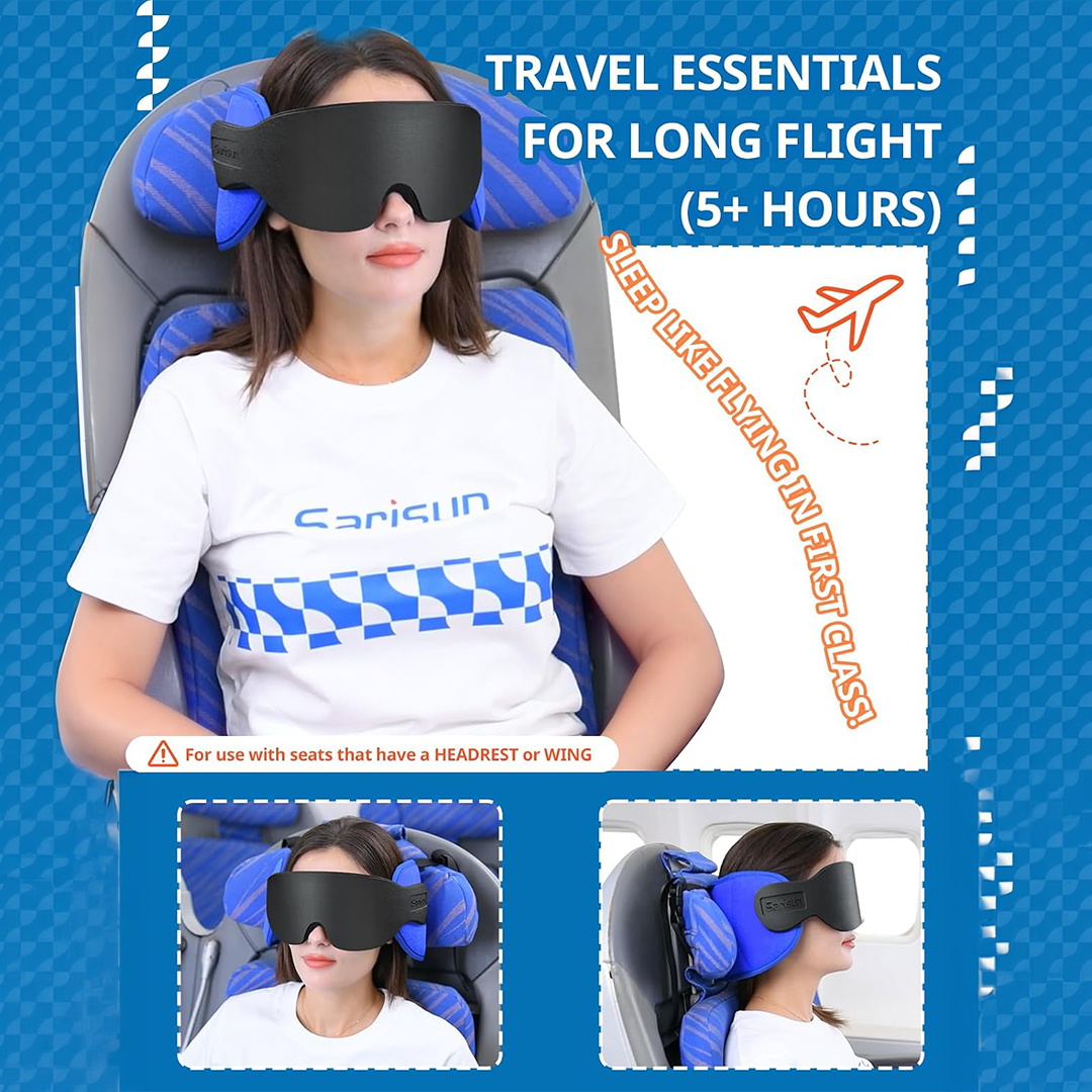 Travel Pillow, Neck Pillow with Eye Mask, Airplane Pillow for Long Flight, Car Travel Pillow, Car Headrest, Black