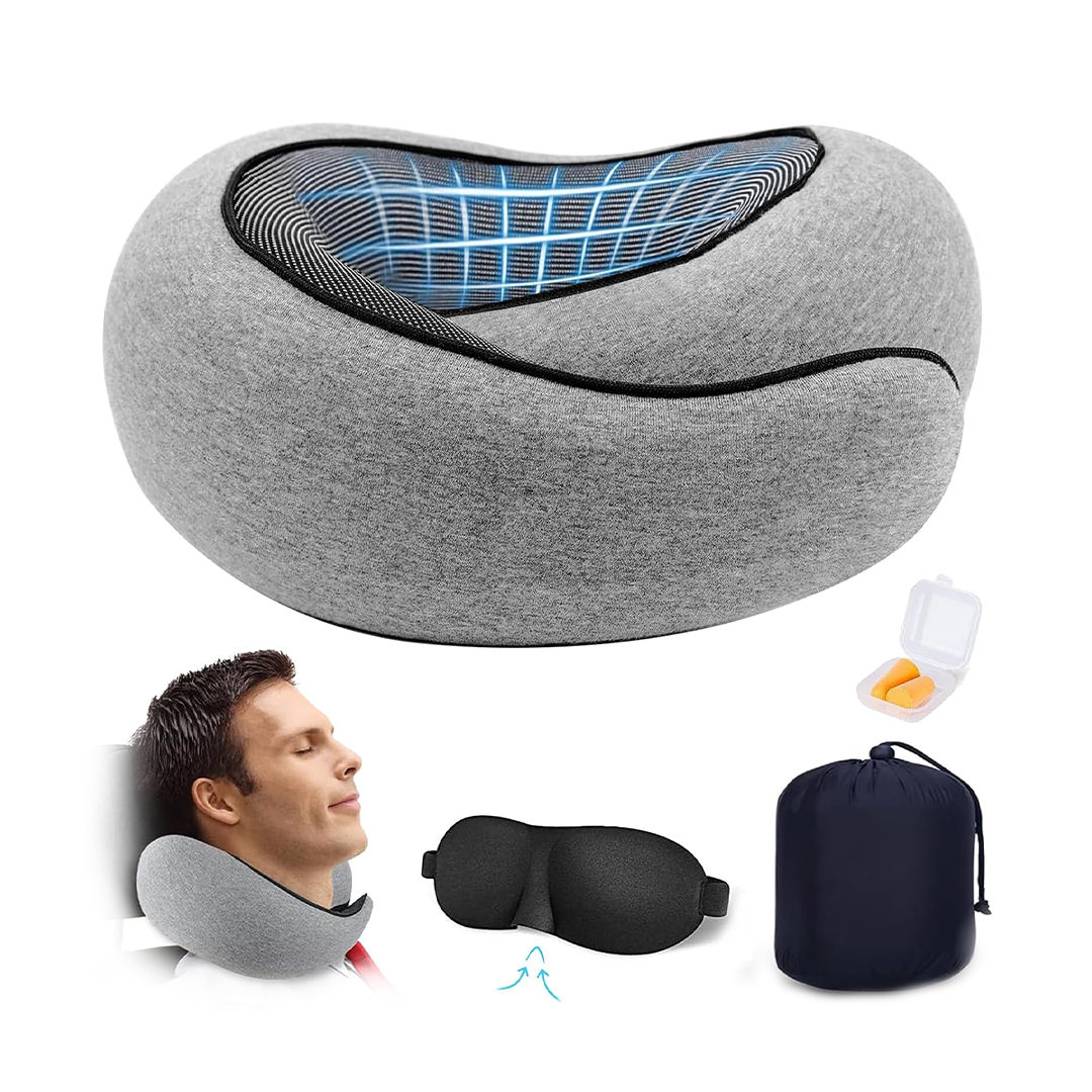 Yoawllty Travel Pillow, Wander Plus Travel Neck Pillow with Eye Masks, Earplugs, Memory Foam Travel Pillow, Neck Pillow for Airplanes, Car, Travel Essentials (Grey)