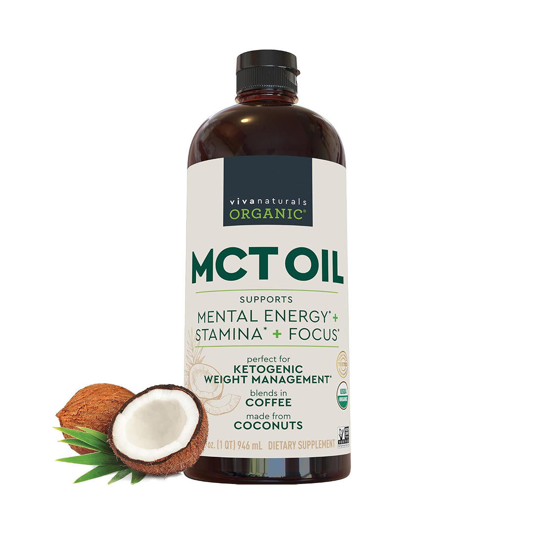 زيت MCT العضوي غير المعدل وراثيًا من Viva Naturals، معتمد من وزارة الزراعة الأمريكية، مناسب لقهوة الكيتو (32 أونصة سائلة)