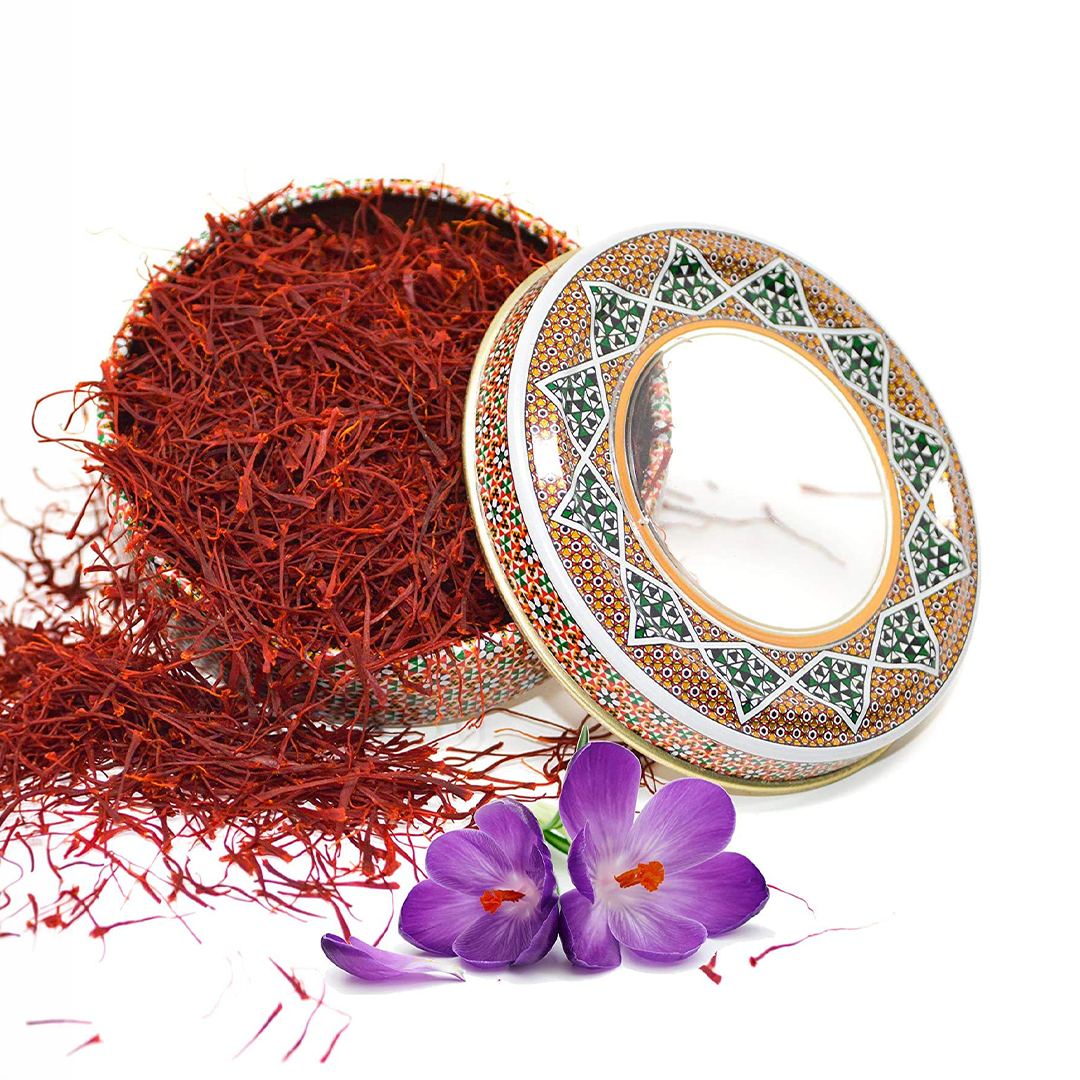 خيوط الزعفران 2 جم من زاند - بهار زعفران عضوي نقي ممتاز لطهي أرز البسمتي وغيره - في علبة زخرفية محكمة الإغلاق بغطاء شفاف