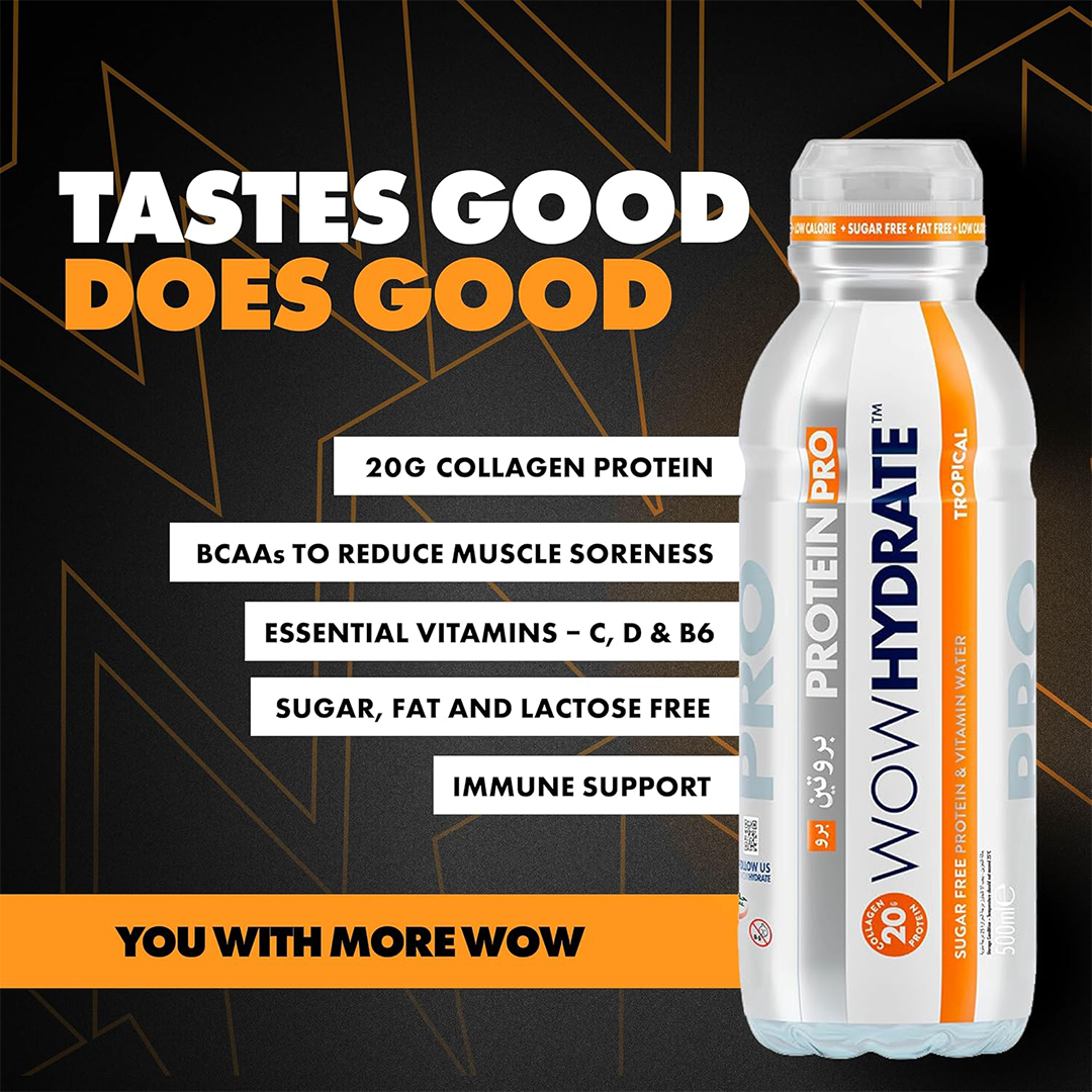 WOW Hydrate Tropical Protein Pro 20g Collagen Drink, Sugar-Free Recovery Support