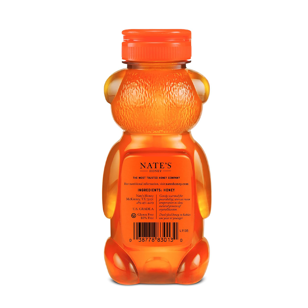 Nates 100% Pure Raw Honey Unfiltered Honey Bear Bottle, 12 oz