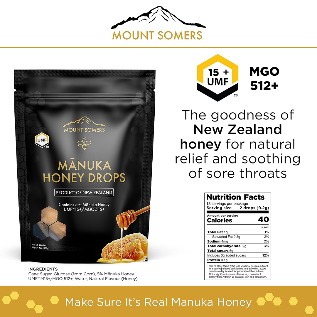 Mount Somers UMF 15+ Manuka Honey Drops Soothing Throat Lozenges (26 Count)