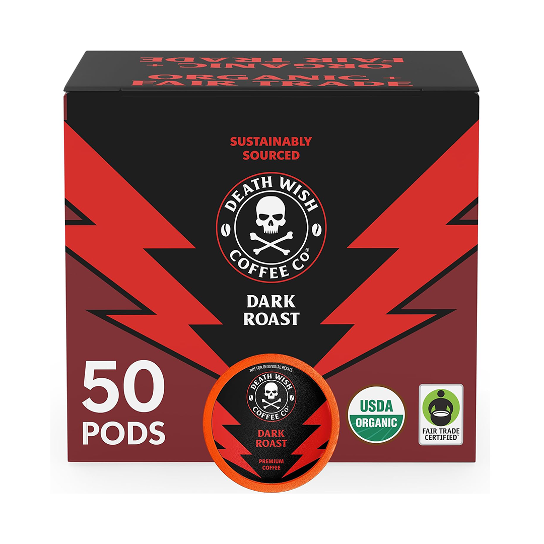 Death Wish Coffee Dark Roast Single Serve Pods High Caffeine K-Cup Style, 50 Count