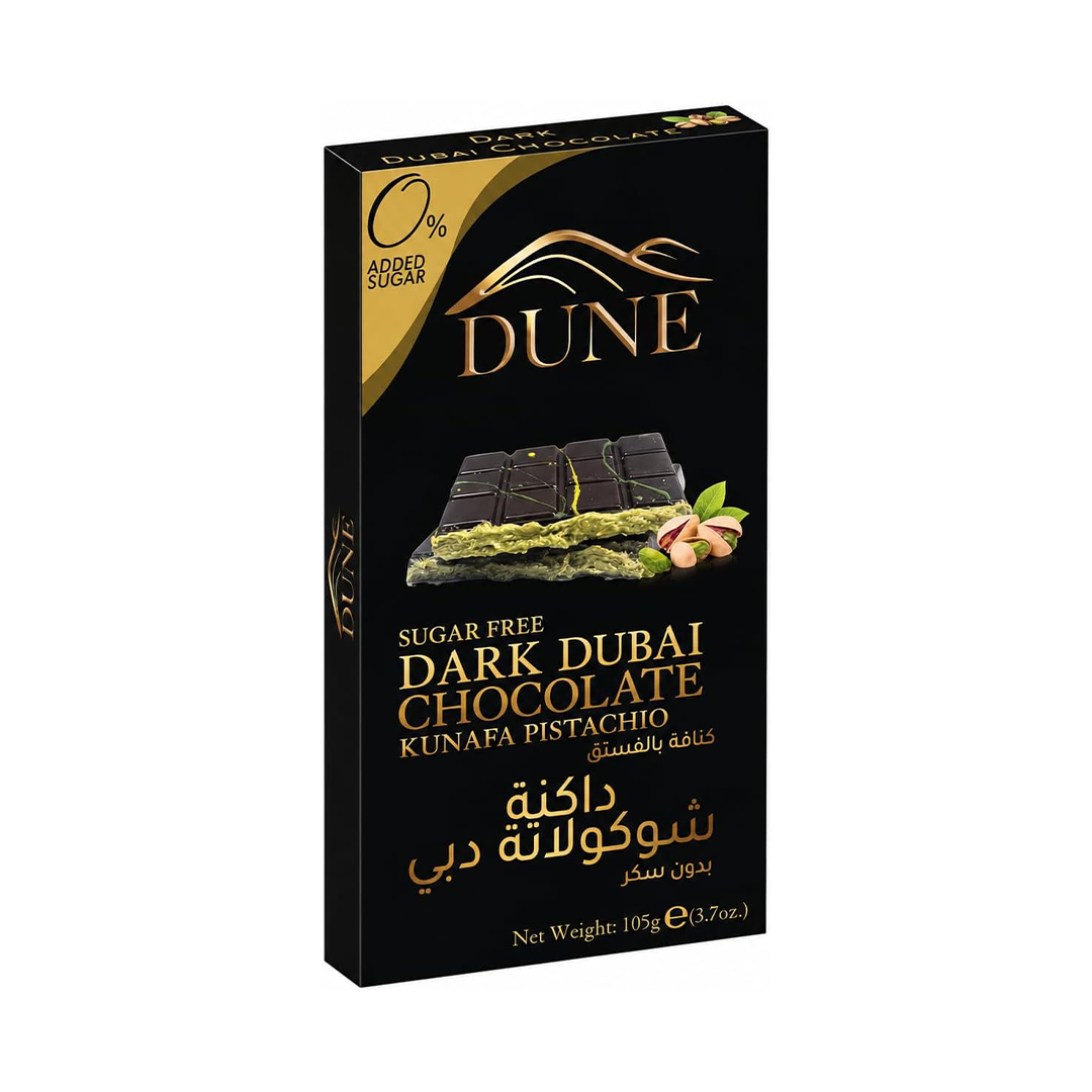 Dune Dark Dubai Chocolate Bar 105g Sugar Free with Kunafa & Pistachio Filling Premium Middle Eastern Dessert Chocolate