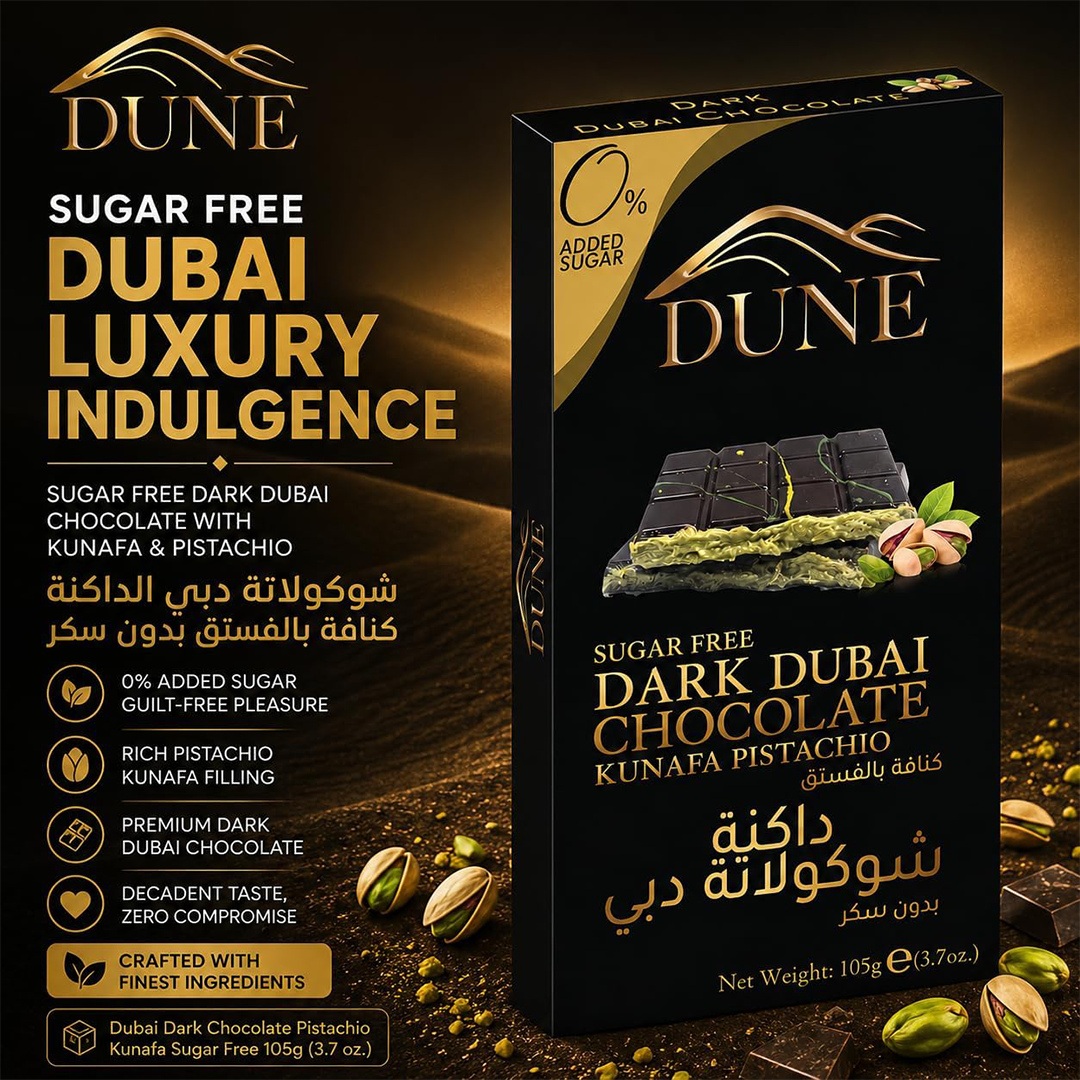 Dune Dark Dubai Chocolate Bar 105g Sugar Free with Kunafa & Pistachio Filling Premium Middle Eastern Dessert Chocolate