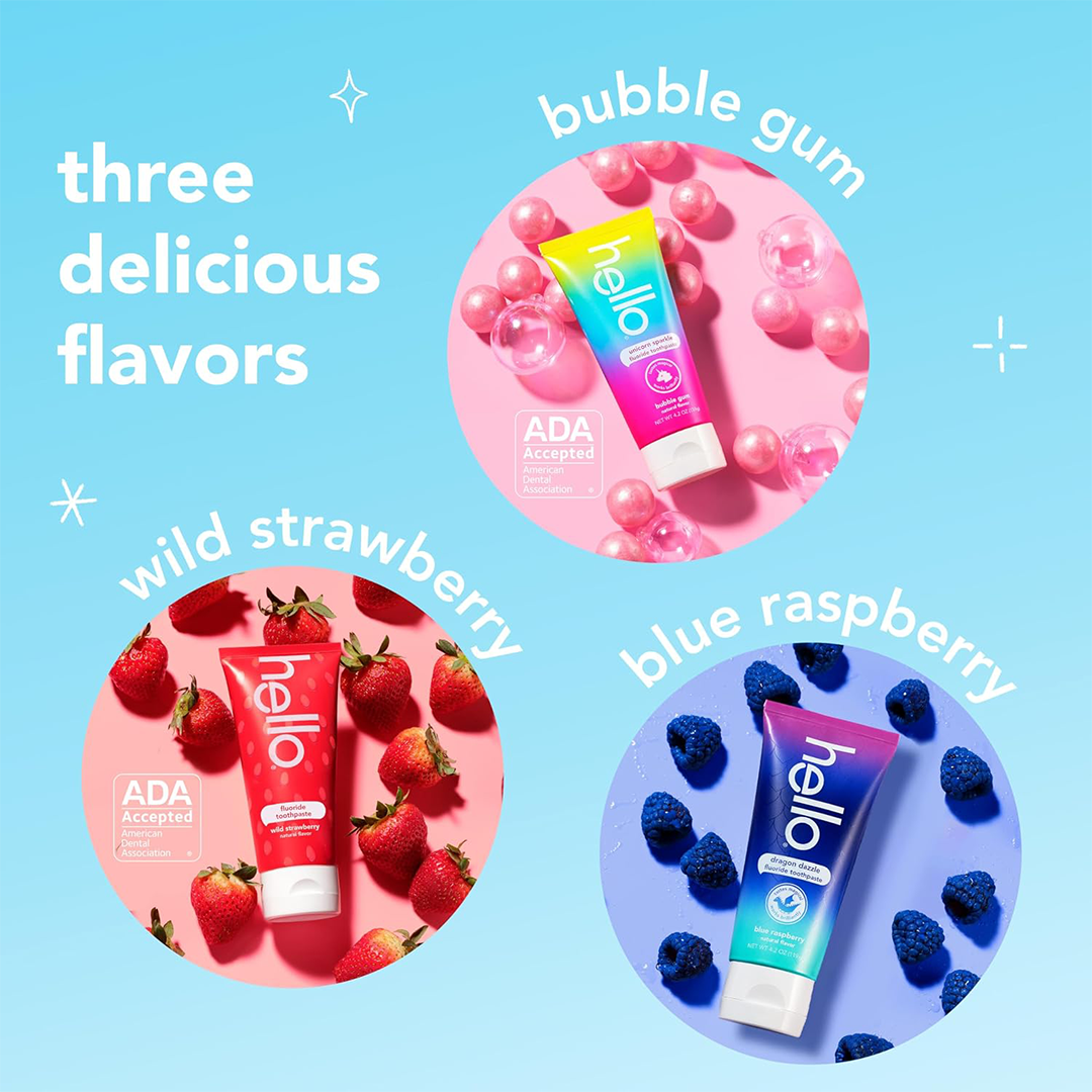 Hello Kids Fluoride Toothpaste Variety Pack Unicorn Strawberry Dragon Anticavity Vegan SLS Free 3 x 4.2 oz
