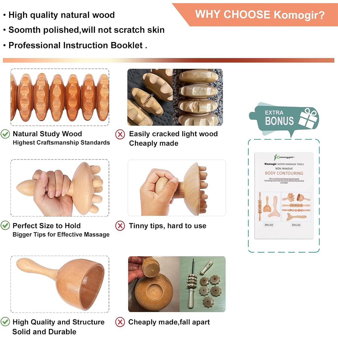 Komogir Wood Therapy Massage Tools 5-in-1 Lymphatic Drainage & Body Sculpting Maderoterapia Kit