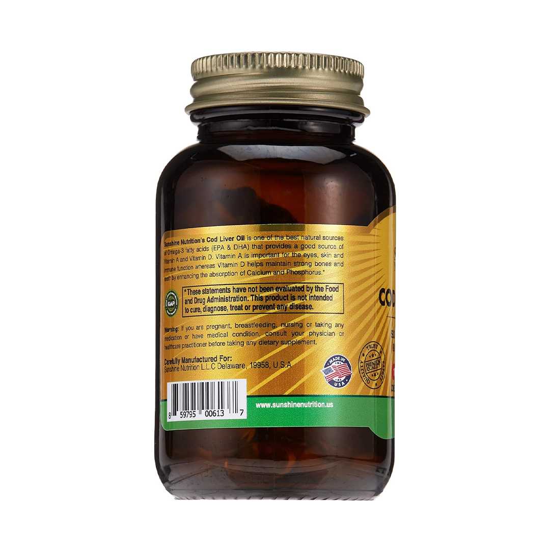 Sunshine Nutrition Cod Liver Oil Softgels Omega-3 with Vitamins A & D (100 Count)