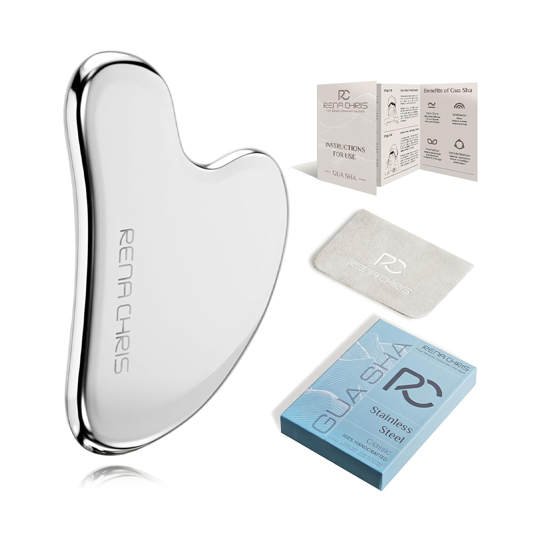 Rena Chris Stainless Steel Gua Sha Facial Tool Manual Massage & Sculpting Tool (Silver)