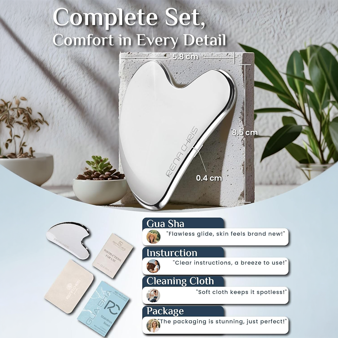 Rena Chris Stainless Steel Gua Sha Facial Tool Manual Massage & Sculpting Tool (Silver)