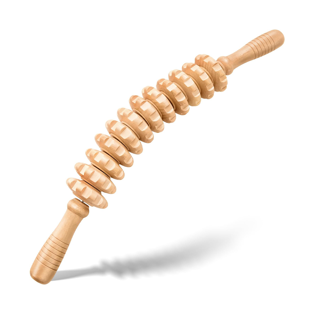 Wooden Cellulite Massage Roller 12-Wheel Handheld Fascia Blaster for Legs & Thighs