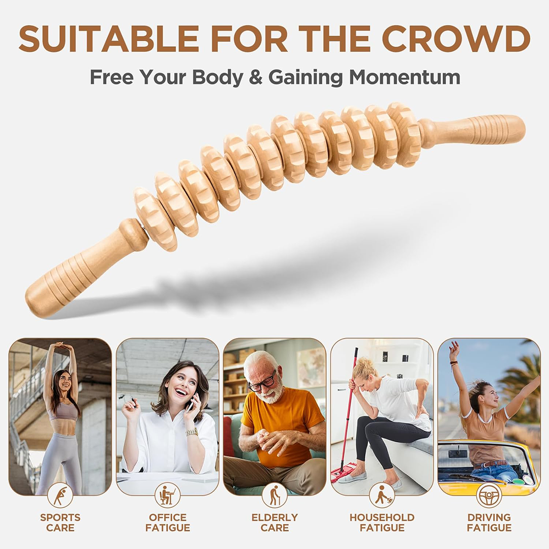 Wooden Cellulite Massage Roller 12-Wheel Handheld Fascia Blaster for Legs & Thighs