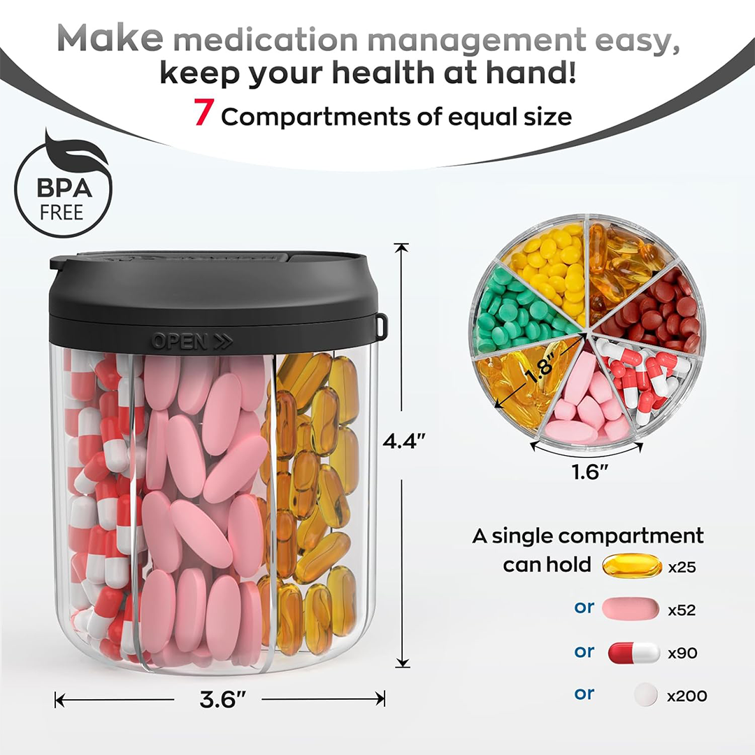 Pill Bottle Organizer 7 Large Compartments with Labels, Travel & Supplement Pill Box, Black