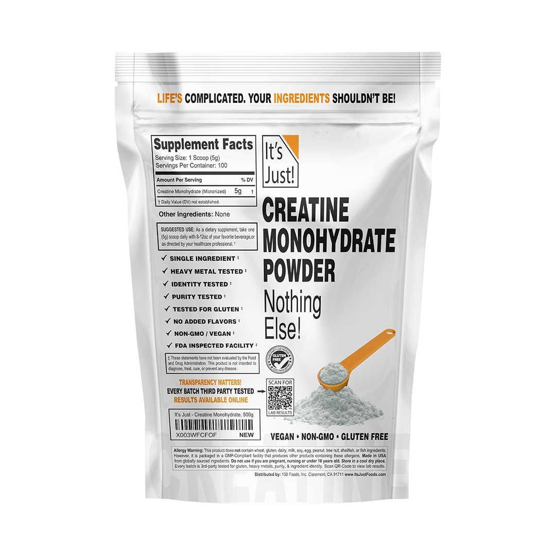 Its Just! Creatine Monohydrate Powder Pure 5g Serving, No Fillers, Lab Tested