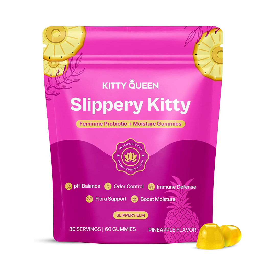 KITTYQUEEN Slippery Kitty Feminine Probiotic Gummies Vaginal Health Support, pH Balance, Odor Control & Moisture Boost (60 Count, Pineapple Flavor)