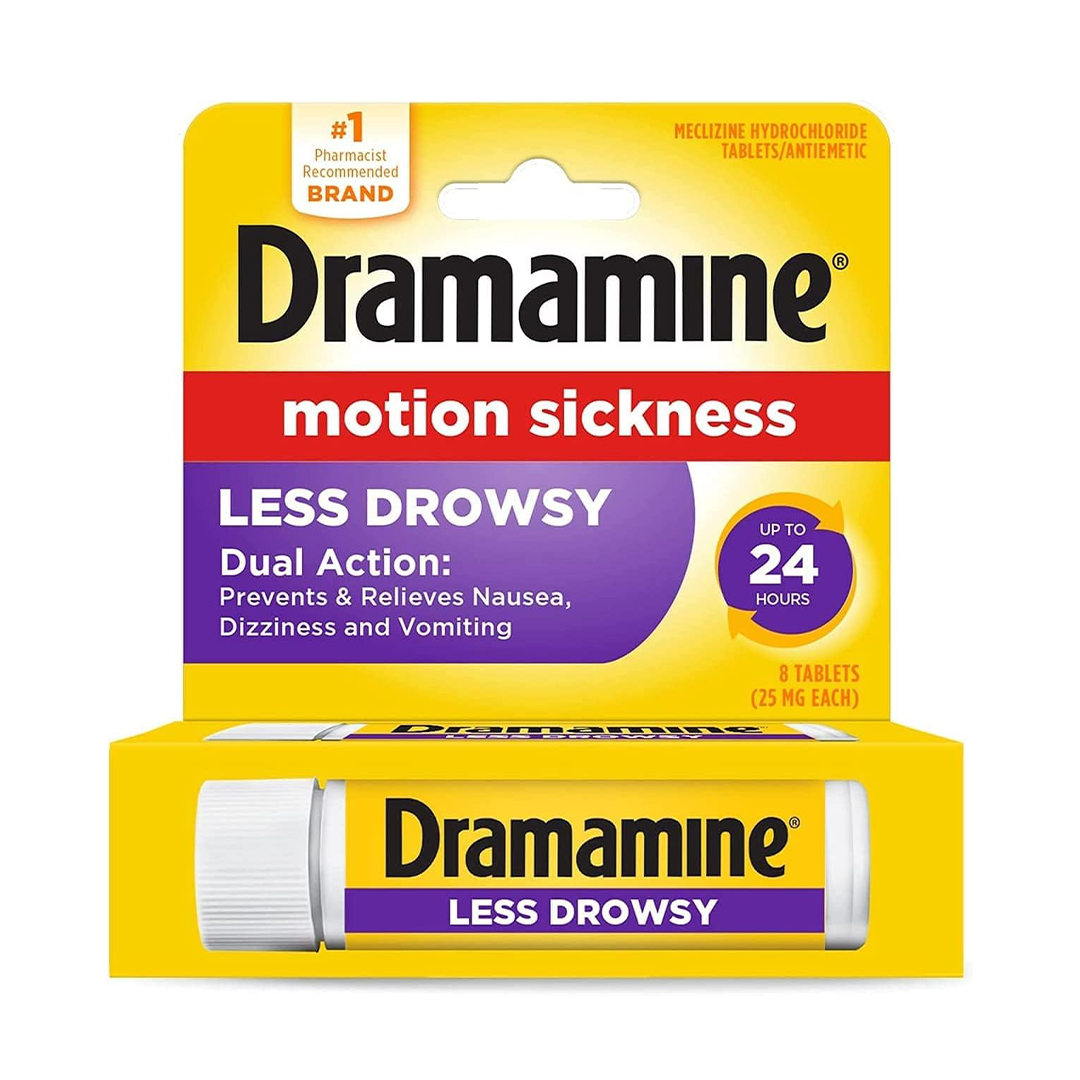 Dramamine Less Drowsy Motion Sickness Relief Tablets Travel Size Vial, 8 Count, Fast Acting Nausea & Dizziness Relief