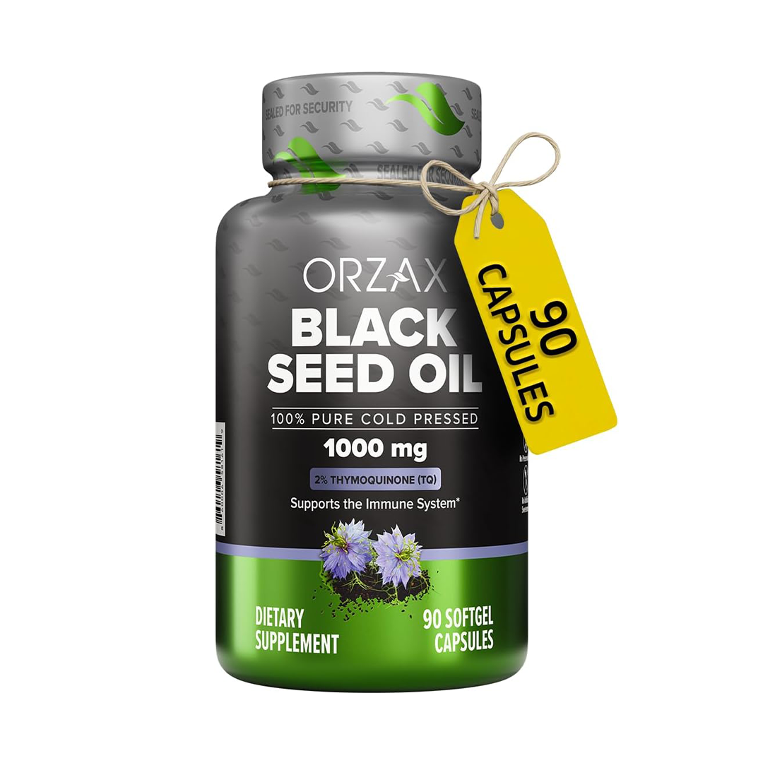 ORZAX Black Seed Oil Capsules 90 Days Supply 2% Thymoquinone Cold-Pressed Nigella Sativa | Immune, Joint, Skin & Hair Support | Non-GMO & Gluten Free