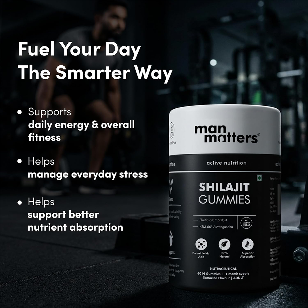 Man Matters Himalayan Shilajit Gummies 300 mg With KSM-66 Ashwagandha & 75% Fulvic Acid | Energy, Stamina & Strength Support | Sugar-Free, Non-GMO, 60 Gummies