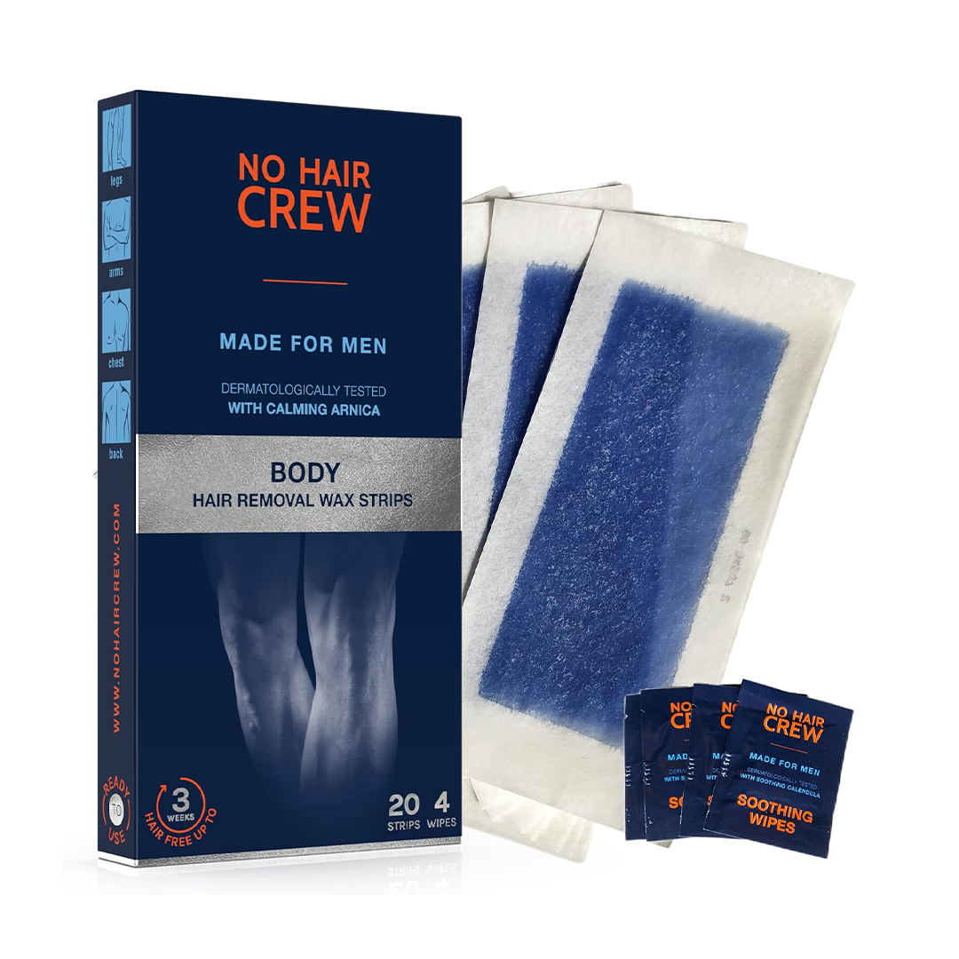 No Hair Crew Premium Body Wax Strips for Men 20 Strips + Soothing Wipes