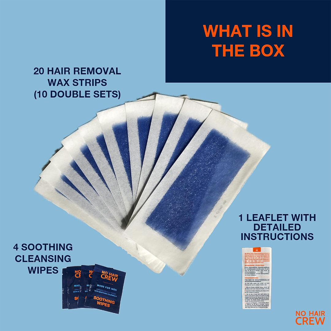 No Hair Crew Premium Body Wax Strips for Men 20 Strips + Soothing Wipes