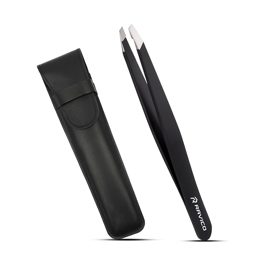 Professional Stainless Steel Slanted Eyebrow Tweezers with Travel Case