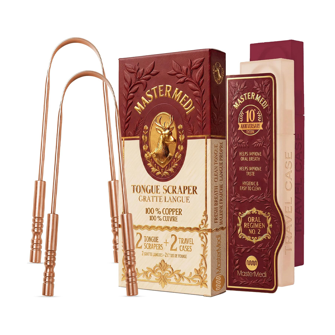 MasterMedi Copper Tongue Scraper Set of 2 with Travel Case for Adults Oral Care and Hygiene