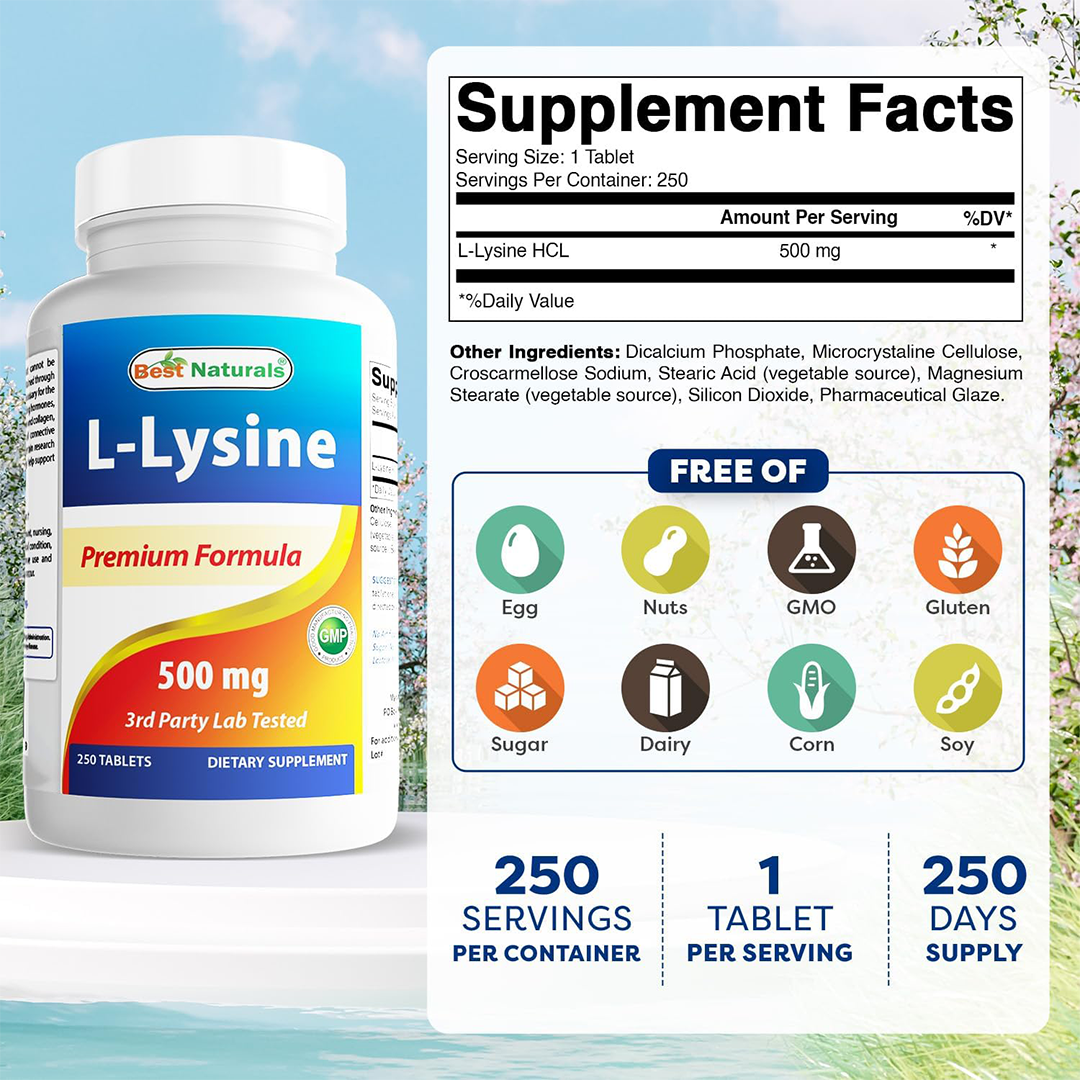 Best Naturals L-Lysine 500mg Tablets Premium Formula 3rd Party Lab Tested 250 Tablets