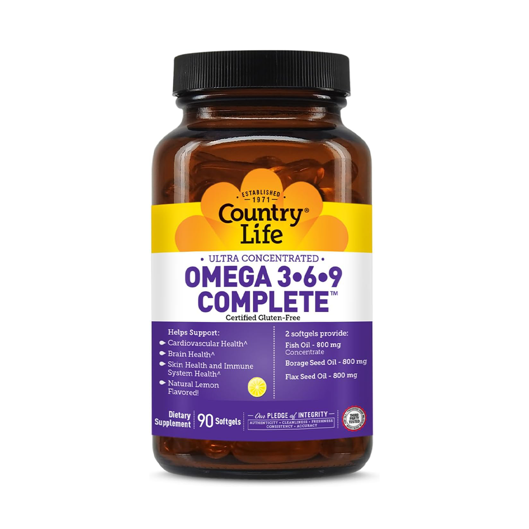 Country Life Omega 3-6-9 Complete Softgels Fish Oil Borage Seed Oil Flax Seed Oil 90 Softgels
