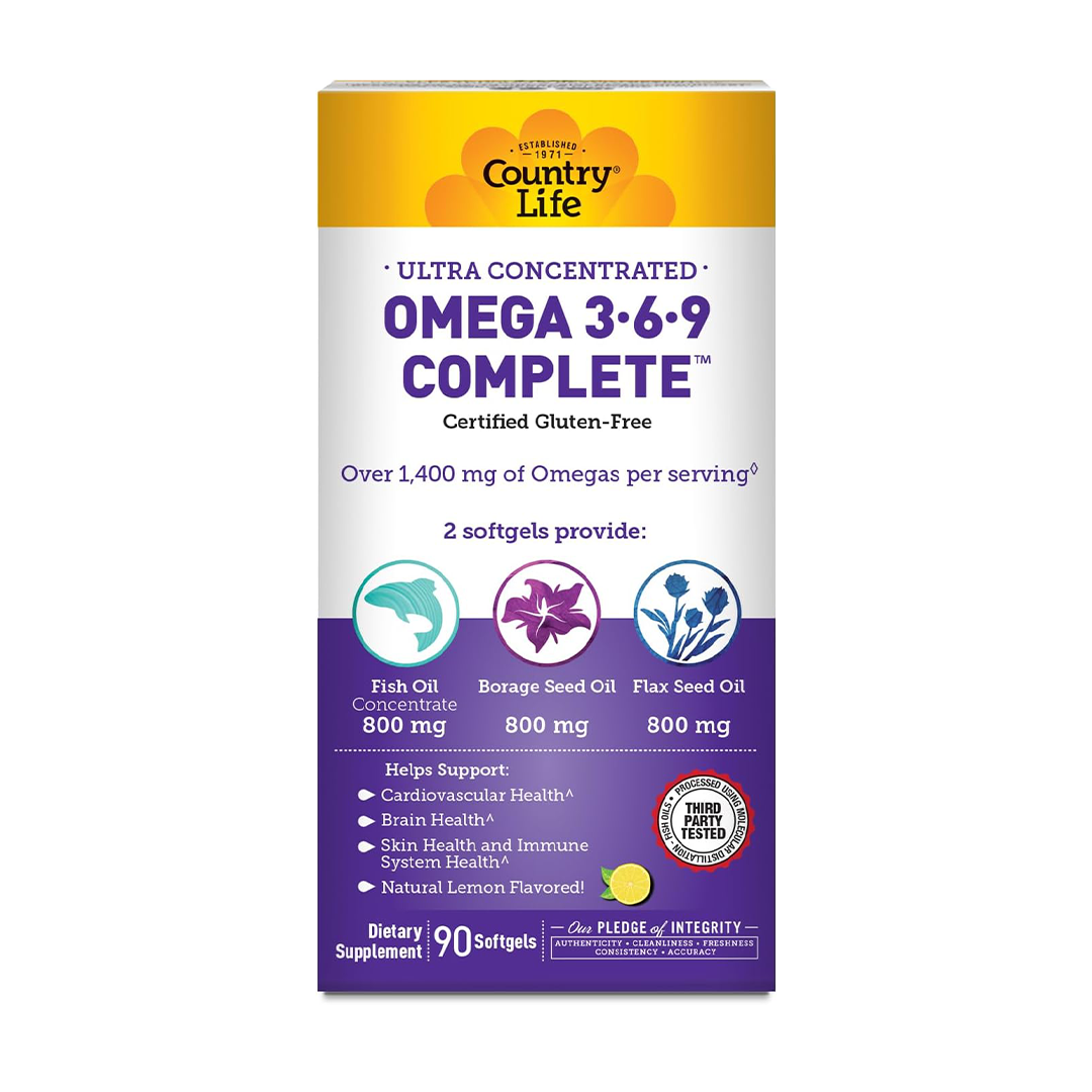 Country Life Omega 3-6-9 Complete Softgels Fish Oil Borage Seed Oil Flax Seed Oil 90 Softgels