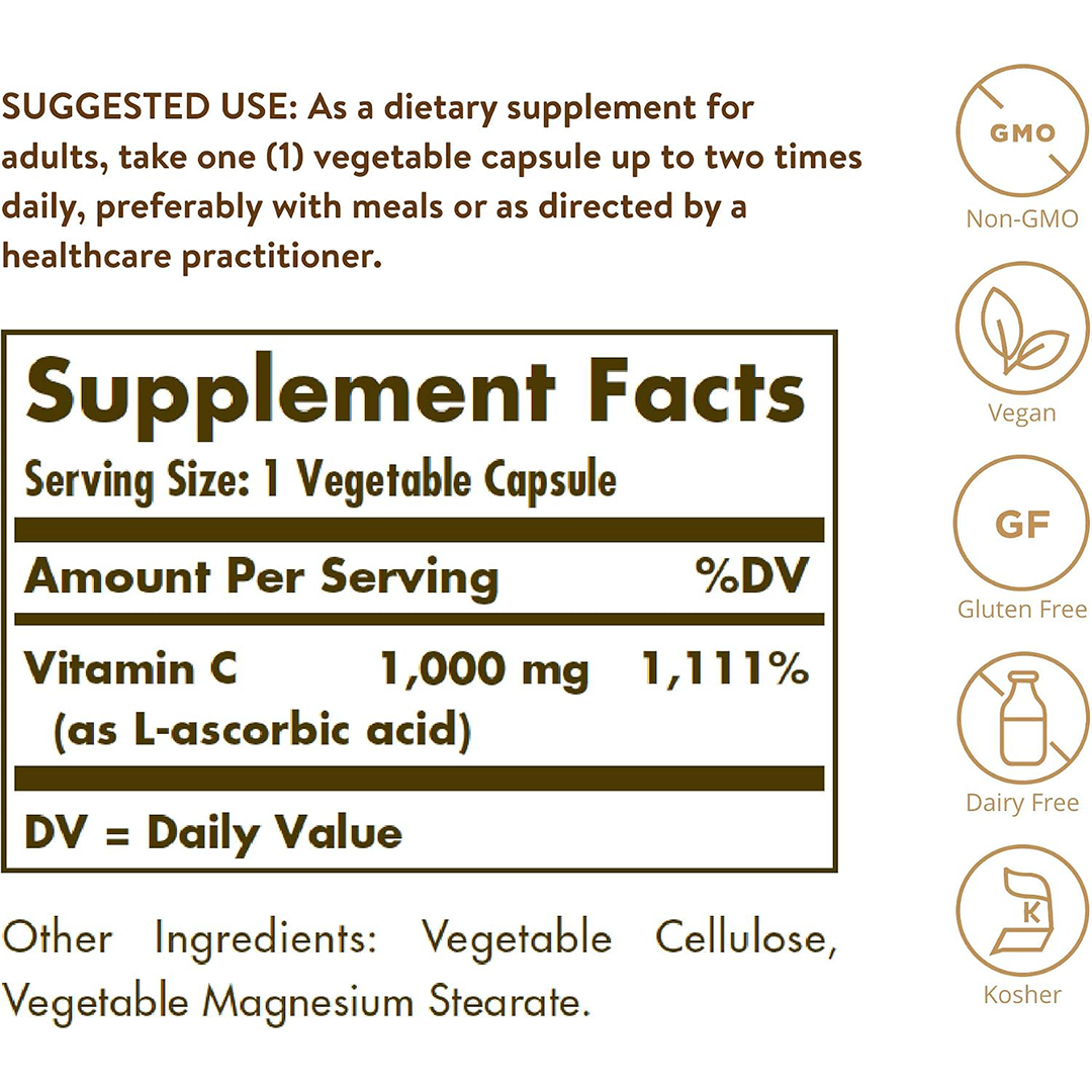 Solgar Vitamin C 1000mg Capsules Antioxidant & Immune Support Gluten-Free Vegan Dietary Supplement
