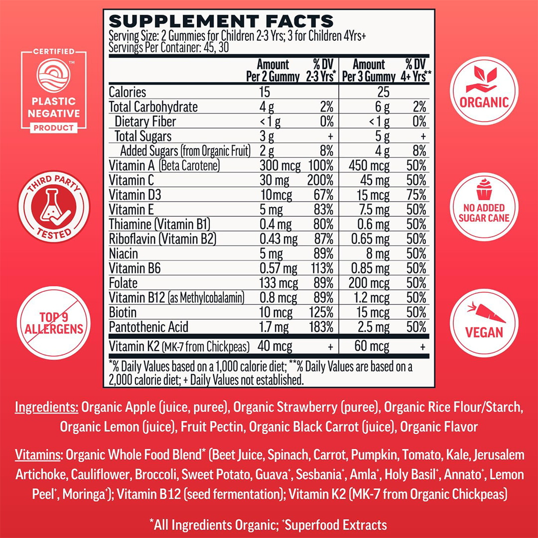 Llama Naturals Kids Multivitamin Gummies Organic Real Fruit Strawberry 13 Vitamins No Added Sugar 90 Gummies