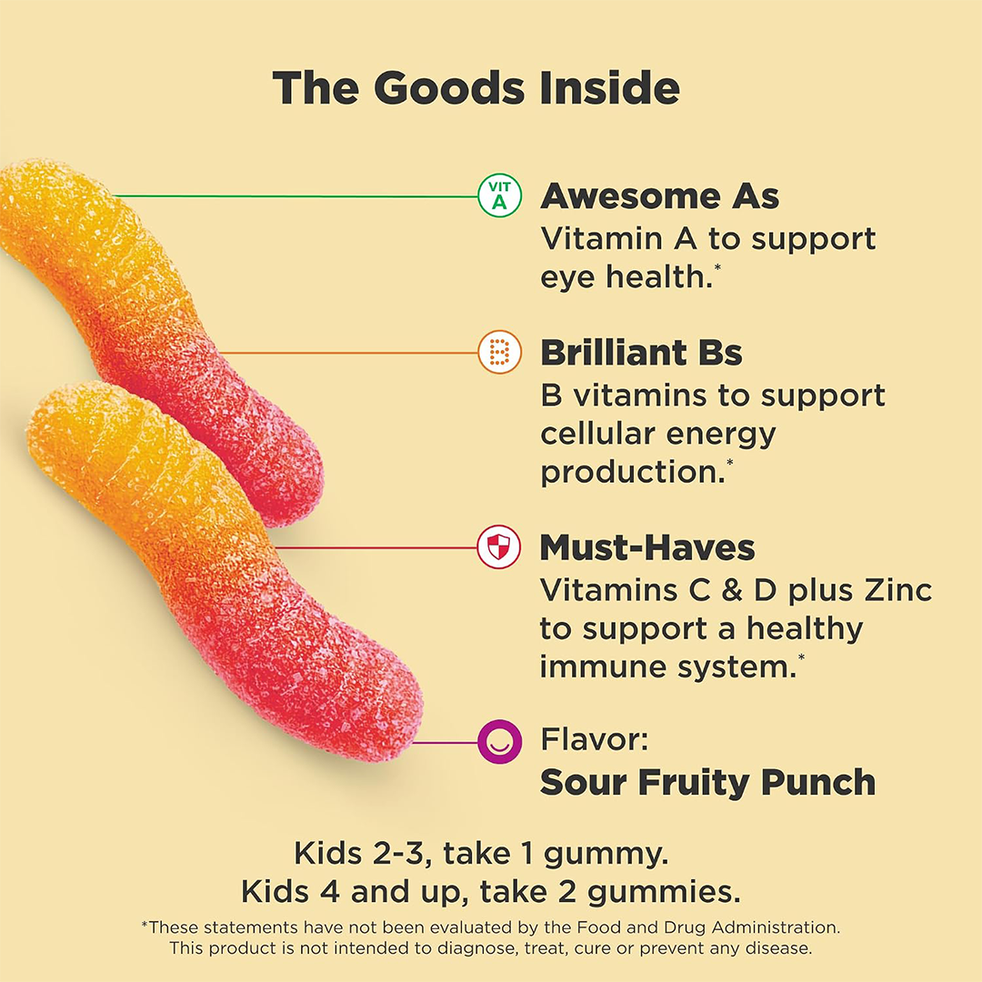 OLLY Kids Multivitamin Gummies Vitamins A C D E B6 B12 & Zinc Gummy Worms 70 Count