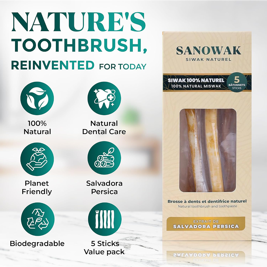 Sanowak Natural Miswak Sticks for Teeth Cleaning and Daily Oral Care with Protective Holder Five Pack