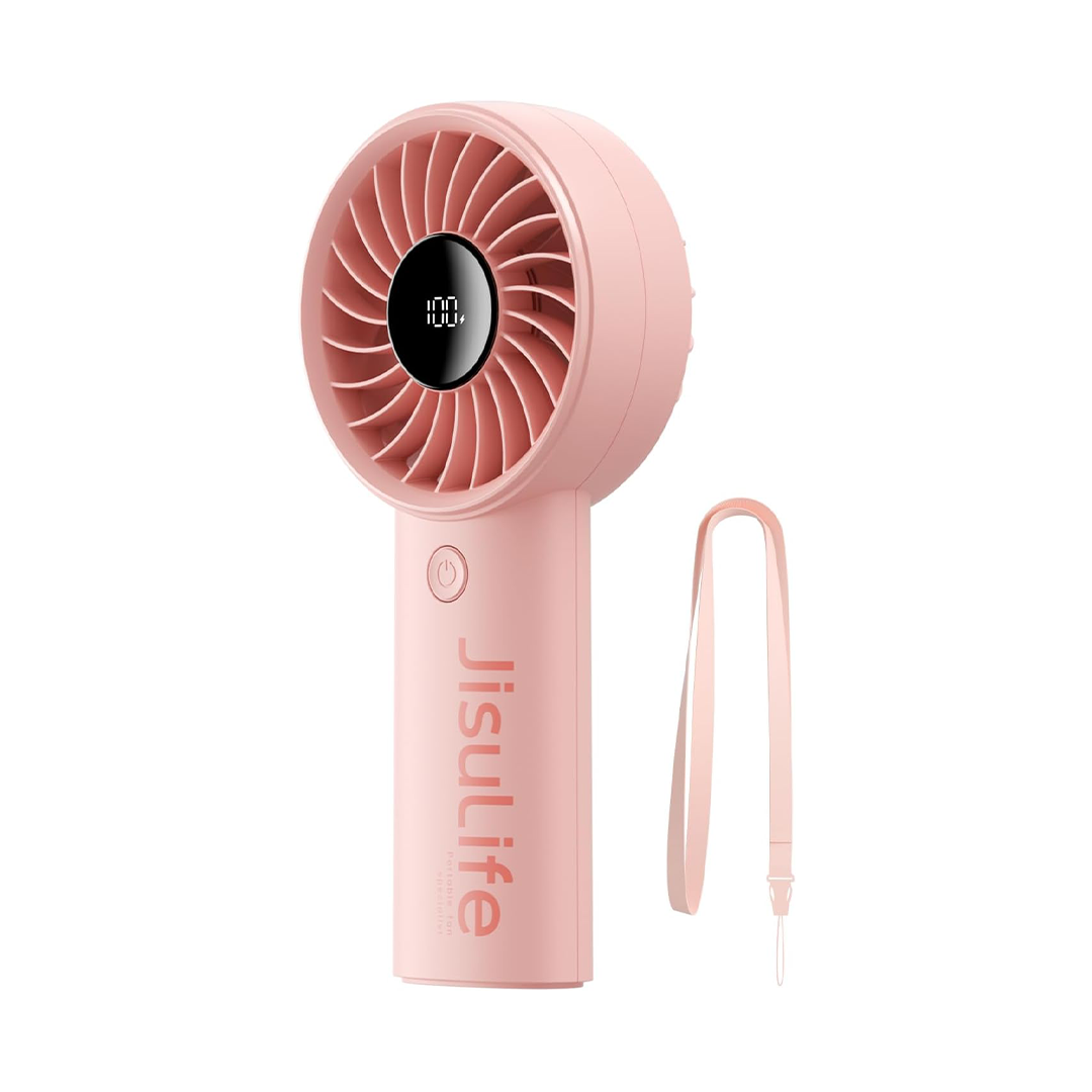 JISULIFE Rechargeable Handheld Mini Fan with Digital Display and 5 Speeds Pink